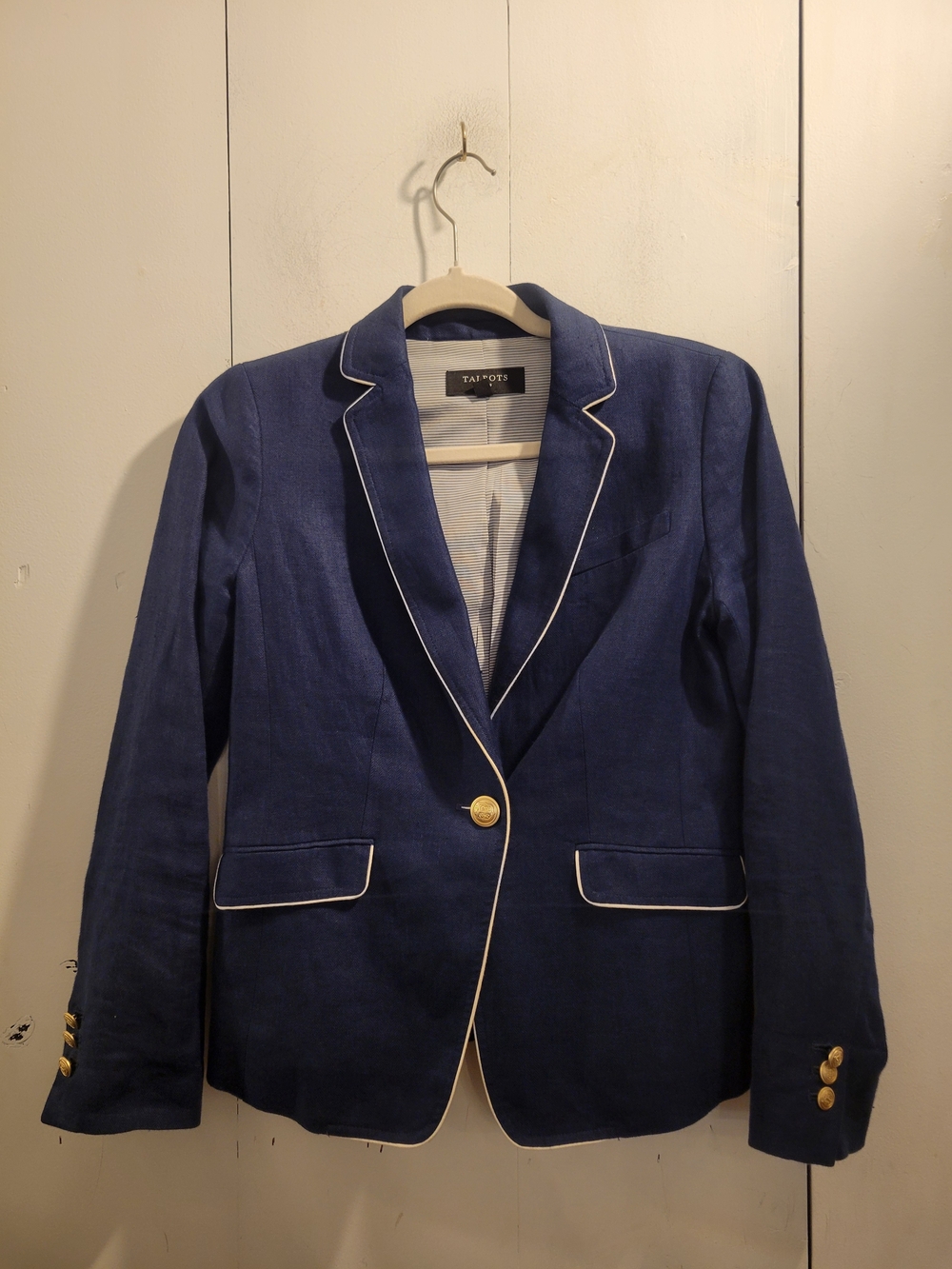 Talbots Navy Blazer with White Piping and Gold Buttons